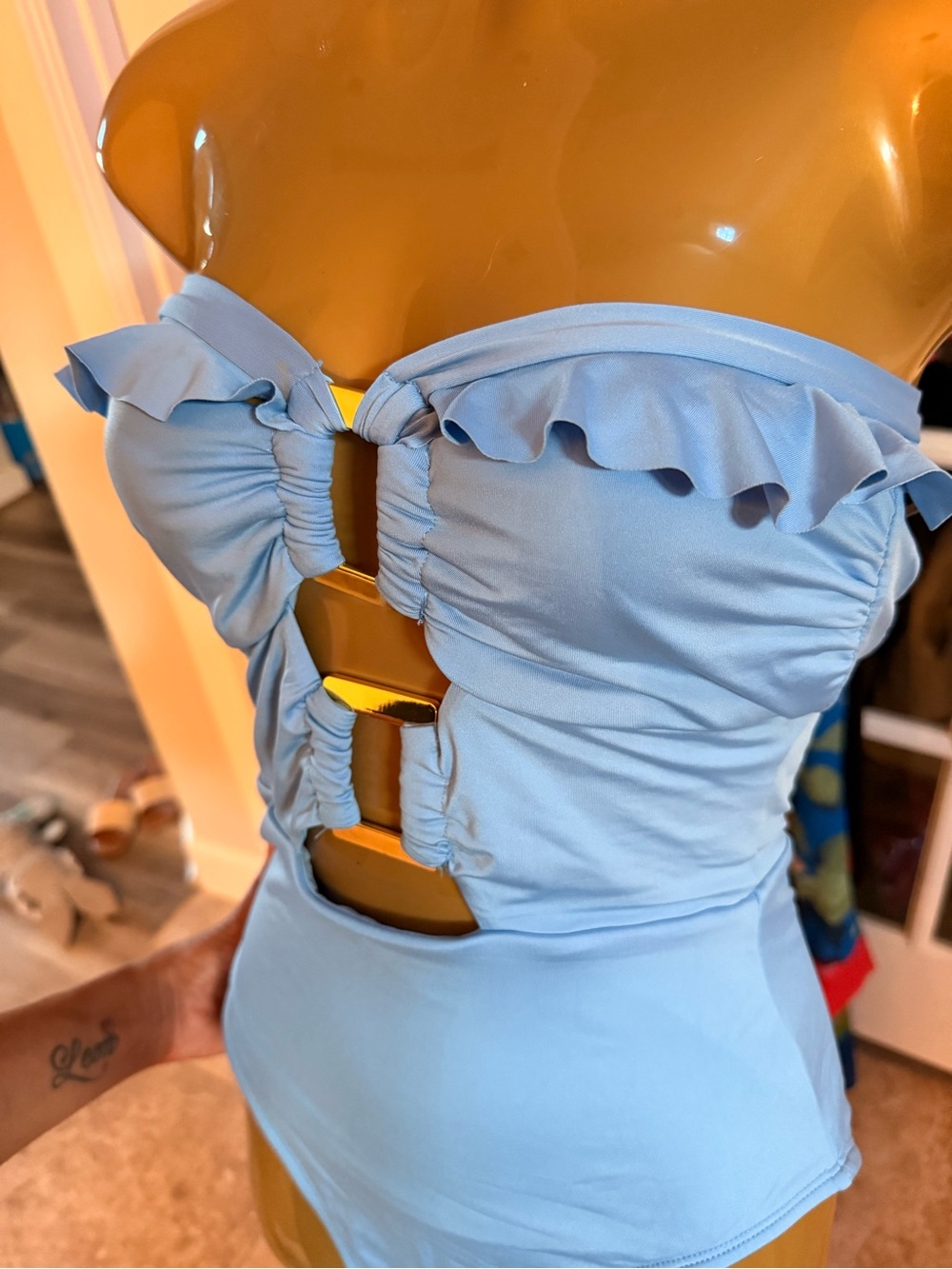 Light Blue Ruffle Halter One-Piece Swimsuit - Picture 6 of 7